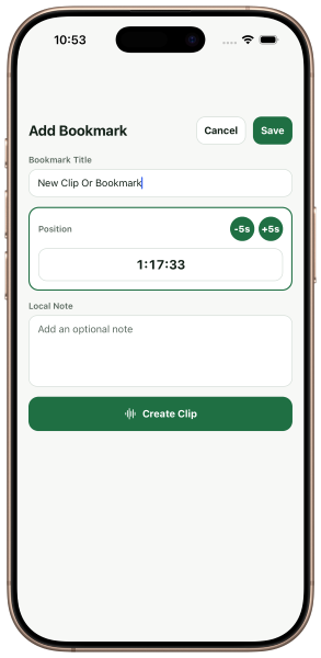 Add bookmark or create clip screen