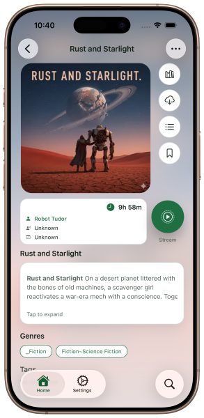 LAABS Audio book detail screen showing stream or local download option