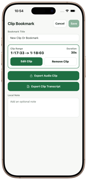 LAABS Audio clip bookmark export actions including M4A and transcript export