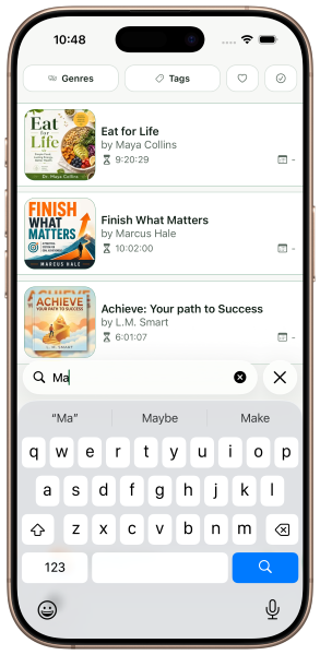 LAABS Audio search and filter interface showing genre, tag, and sort options